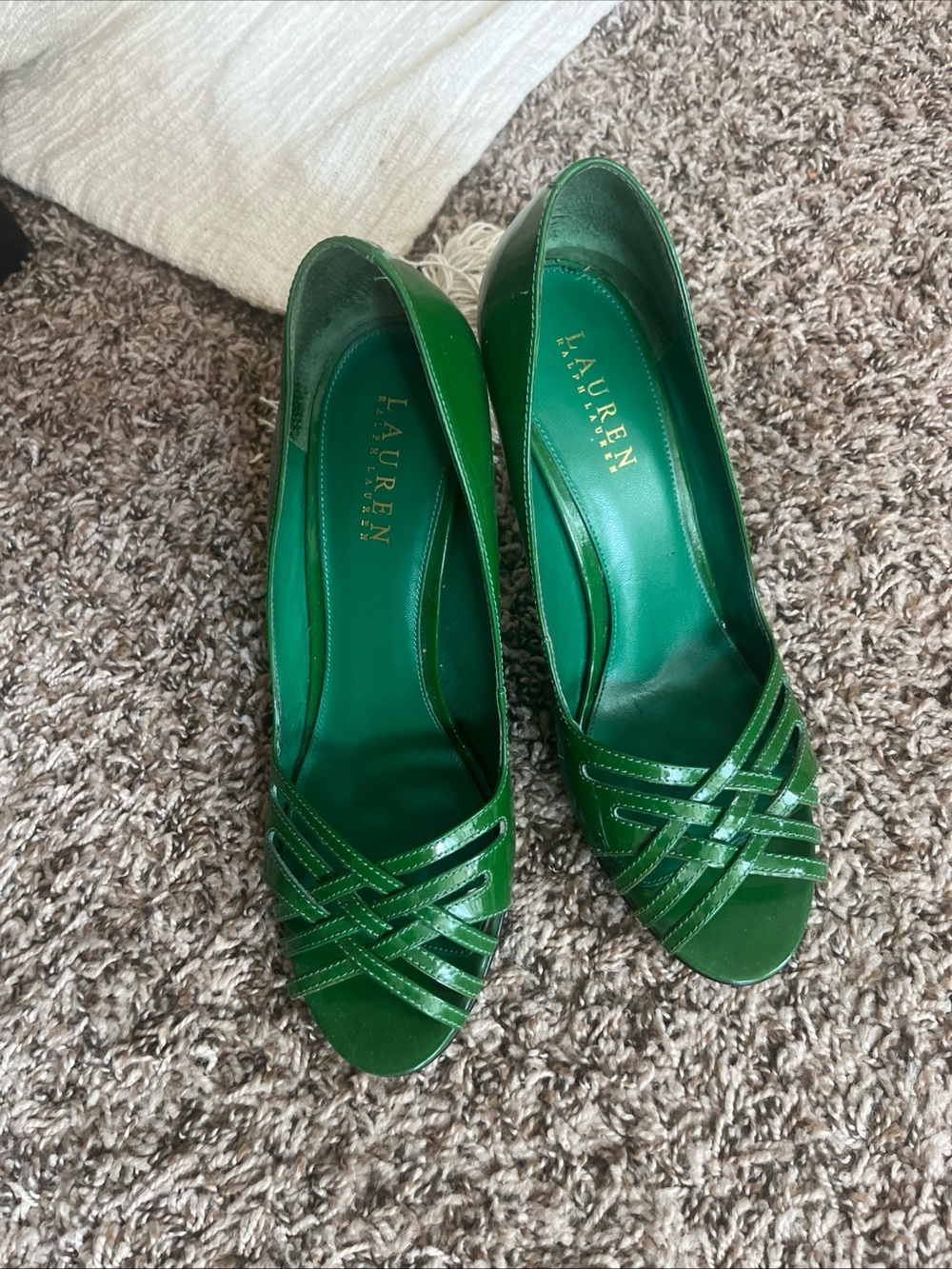 Lauren Ralph Lauren Green Woven Peep-Toe Heels